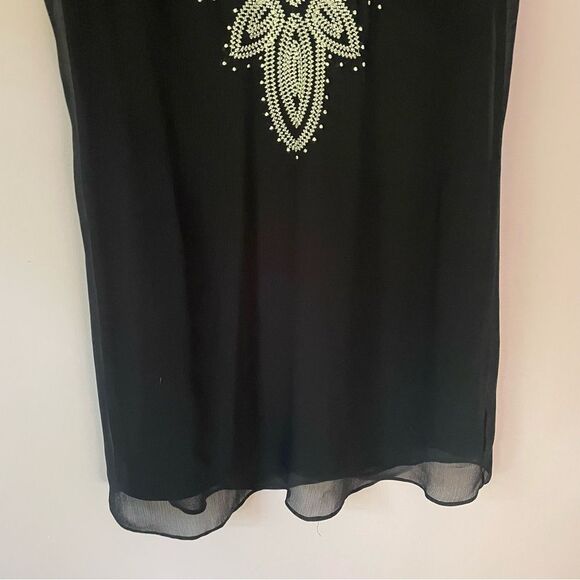 A Byer Mini Shift Dress S Navy Boho Embroidered Chiffon Split Neck - Picture 7 of 10